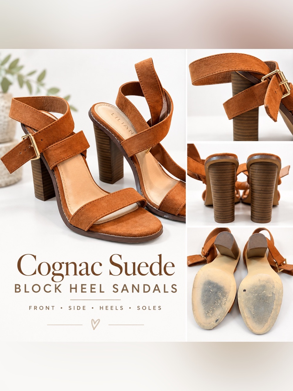 Liliana Cognac Suede Block Heel Sandals with Ankle Strap